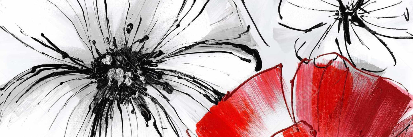 Botanical White Bedroom Canvas | Red & White Flowers Sketch Decor