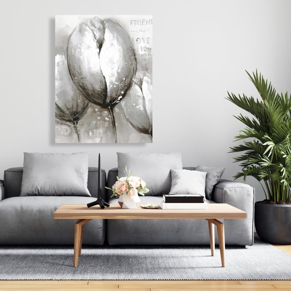 Gray Botanical Canvas - Three White Tulips Living Room Decor