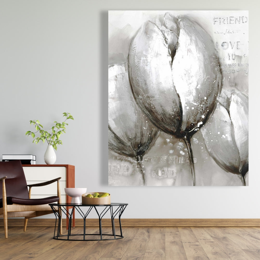Gray Botanical Canvas - Three White Tulips Living Room Decor