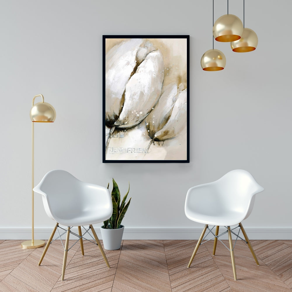 Tulipes avec typographie – Toile encadrée beige pour décoration intérieure