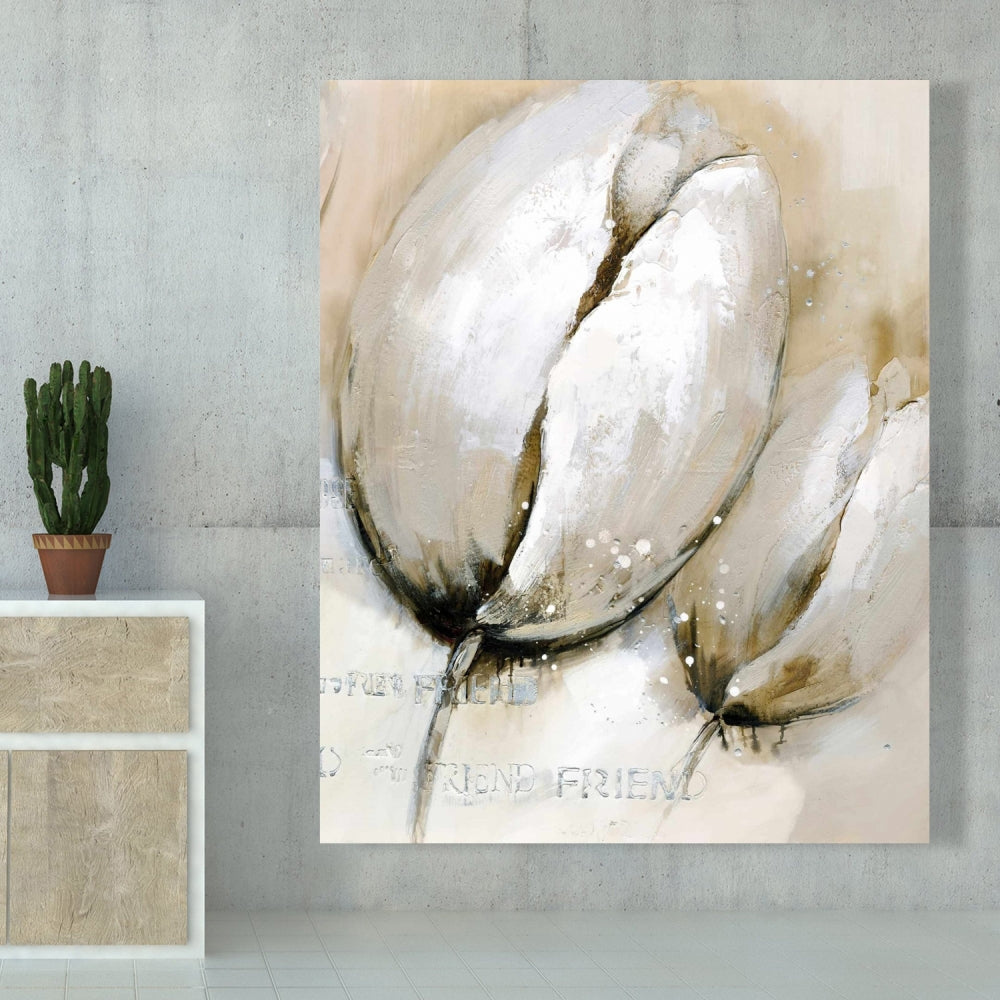 Tulips with Typography Beige Flowers Canvas | Floral Home Decor