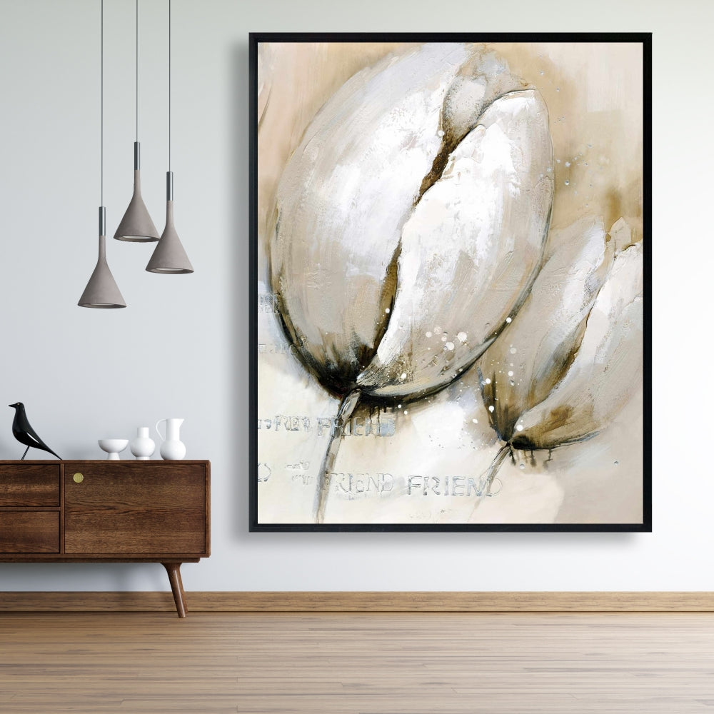 Tulipes avec typographie – Toile encadrée beige pour décoration intérieure