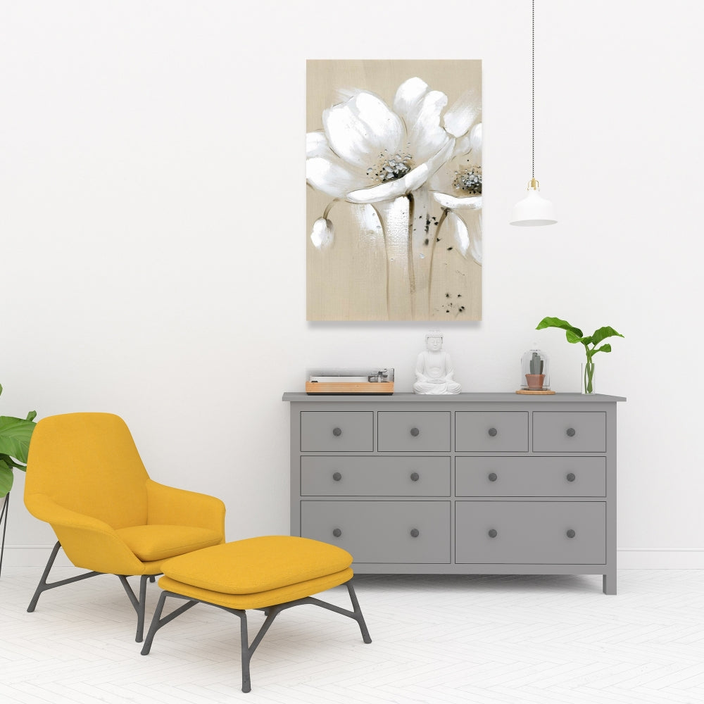 White Abstract Wild Flowers Canvas | Botanical Bedroom Art