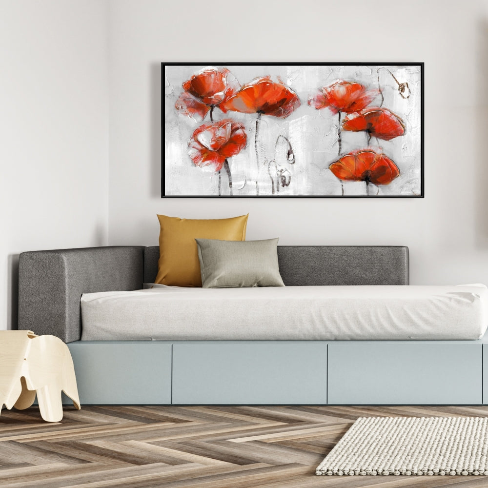 Gray Bedroom Framed Canvas | Red Flowers Floral Decor