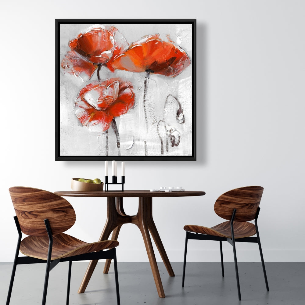 Gray Bedroom Framed Canvas | Red Flowers Floral Decor