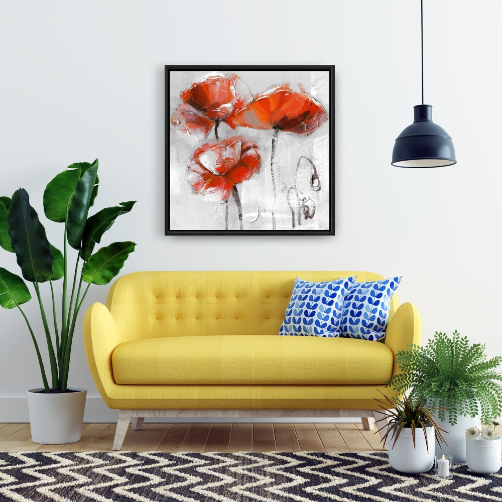 Gray Bedroom Framed Canvas | Red Flowers Floral Decor