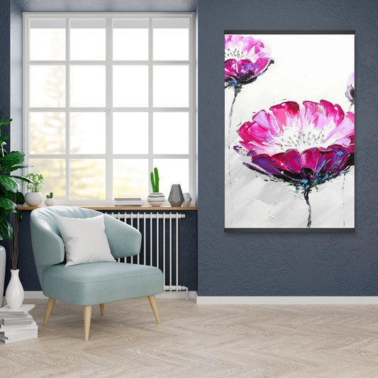 Toile magnétique contemporaine à motif floral gris – Fleurs sauvages roses