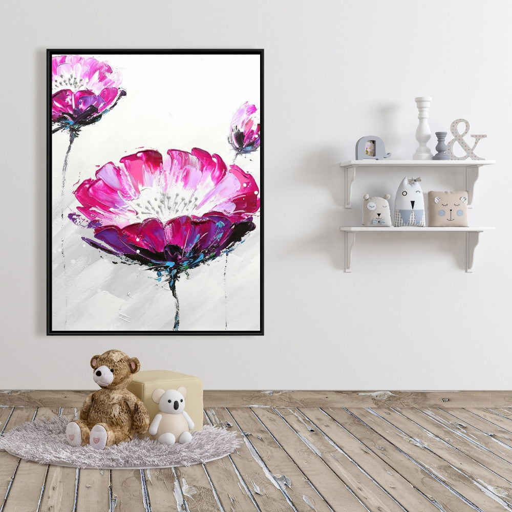 Gray Floral Canvas | Pink Wild Flowers | Bedroom Decor