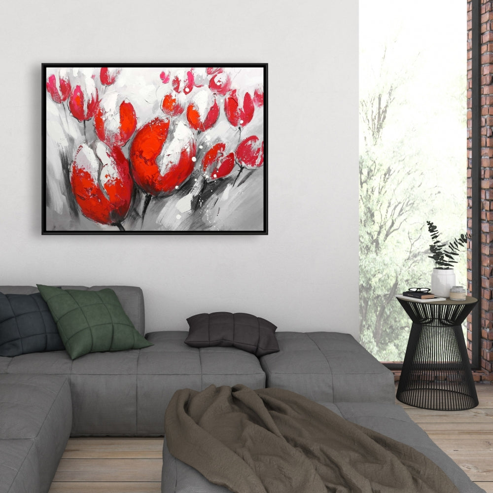 Toile Tulipes rouges | Décoration de chambre contemporaine avec cadre blanc