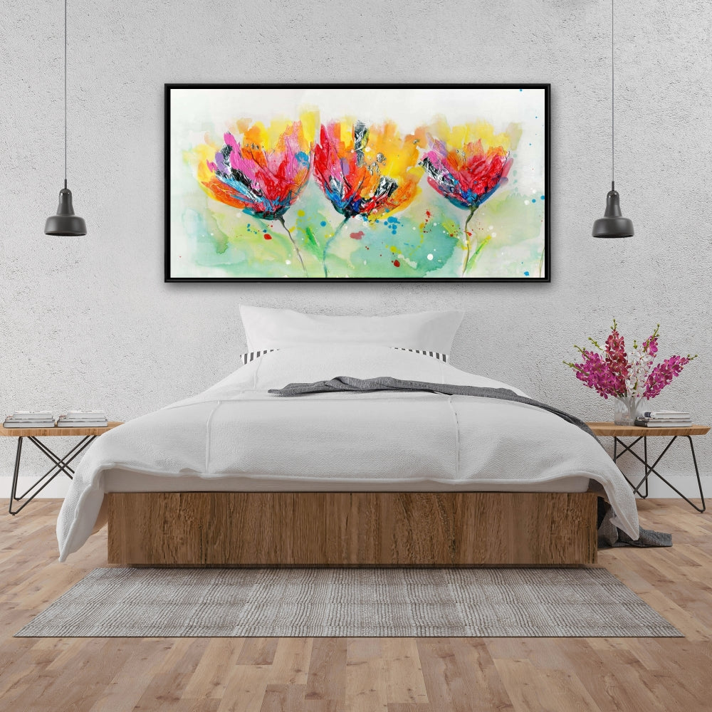 Four Colorful Flowers Canvas - Yellow Frame | Home Decor Art