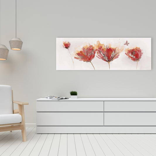 Crimson Flowers & Butterfly Canvas | Orange Botanical Decor