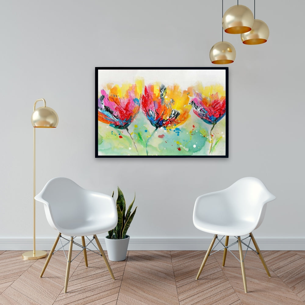 Four Colorful Flowers Canvas - Yellow Frame | Home Decor Art
