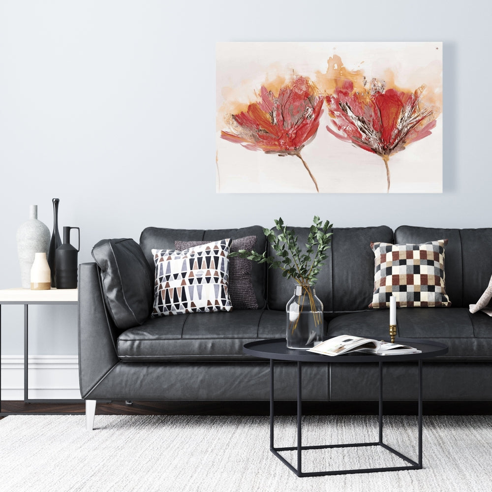 Crimson Flowers & Butterfly Canvas | Orange Botanical Decor