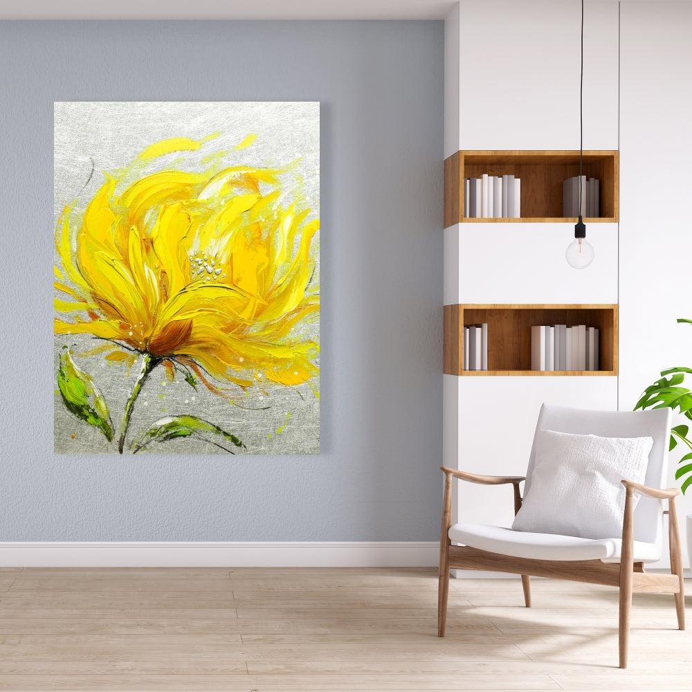 Yellow Fluffy Flower Botanical Gray Canvas | Contemporary Decor