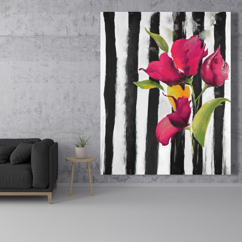 Botanical White Floral Canvas - Flowers on Black & White Stripes