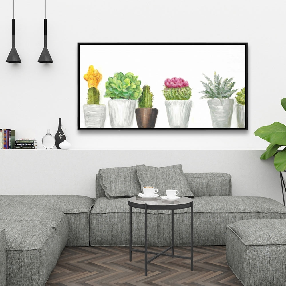 Toile botanique florale blanche exotique - Mini cactus et plantes succulentes