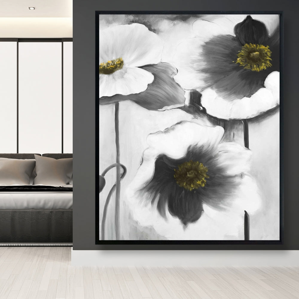 Black and White Flowers Framed Canvas - Botanical Home Decor