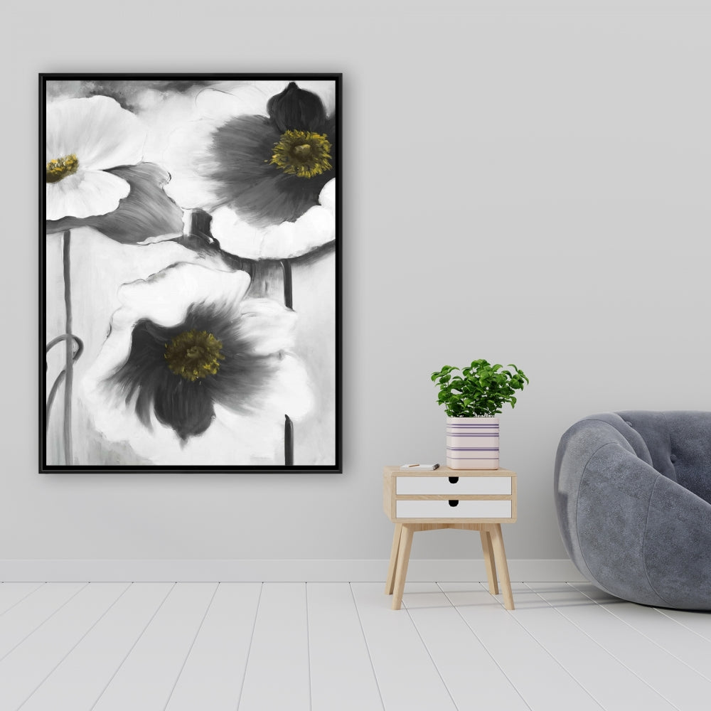 Black and White Flowers Framed Canvas - Botanical Home Decor