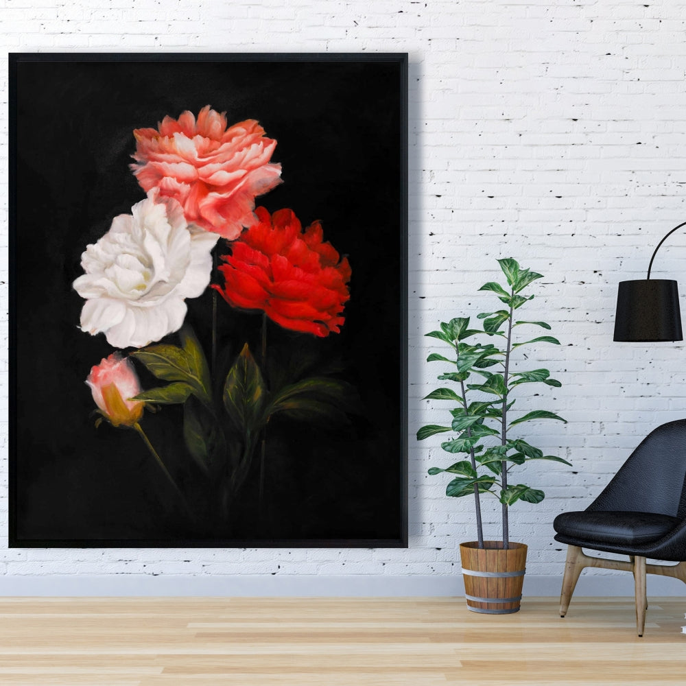 Toile encadrée noire romantique - Décor petit bouquet de roses