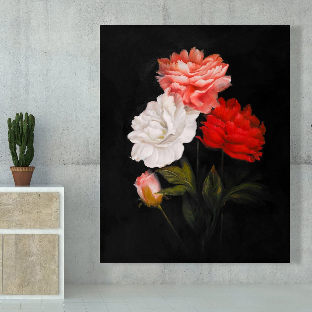 Small Bundle of Roses | Botanical Black Canvas for Home Decor