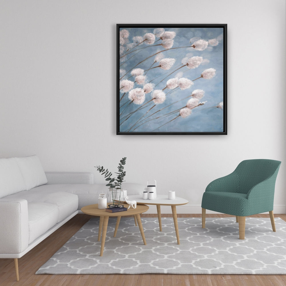 Toile encadrée bleue à motifs de fleurs de coton délicates