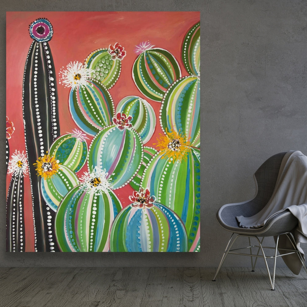 Rainbow Cactus Botanical Canvas | Exotic Livingroom Decor