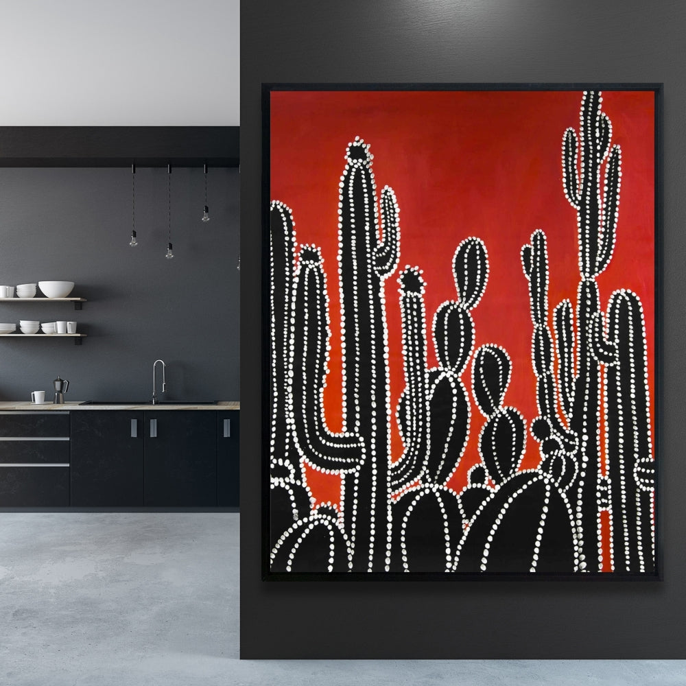 Retro Black Floral Cactus Canvas | Botanical Home Decor