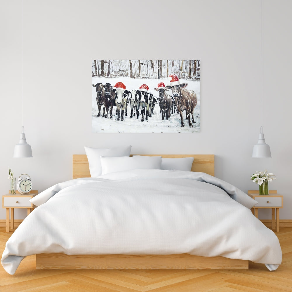 Curious Christmas Cows Canvas | Rustic Farm Animal Decor