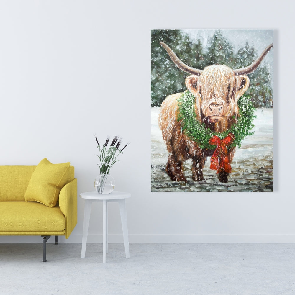 Highland Christmas Cow Canvas | White Farm Animals Decor
