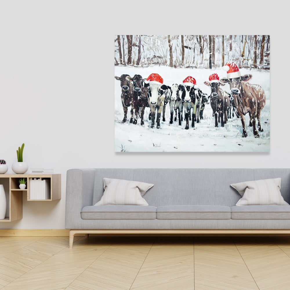 Curious Christmas Cows Canvas | Rustic Farm Animal Decor
