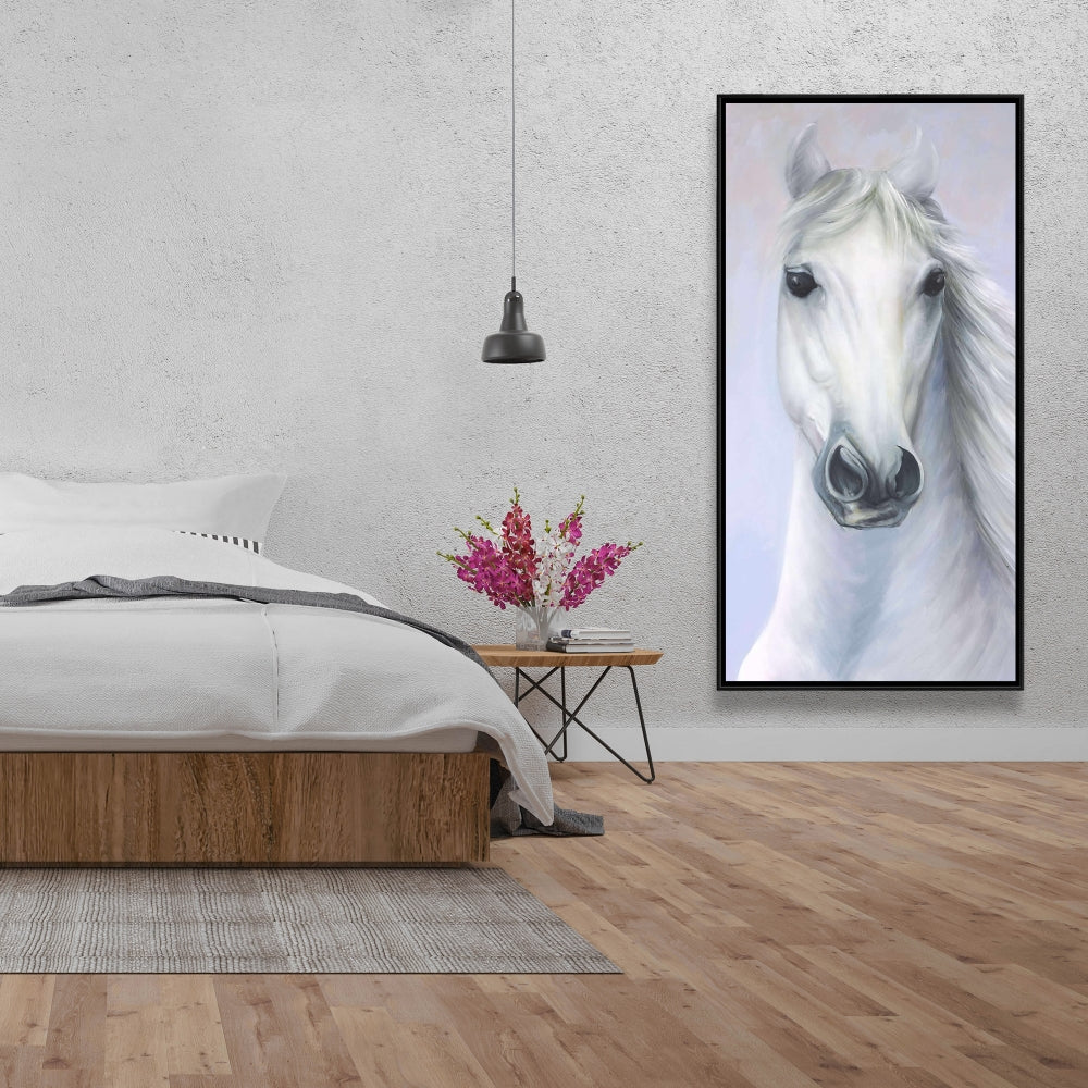 Toile « Puissant cheval blanc » | Décoration d'animaux de la ferme encadrée bleue