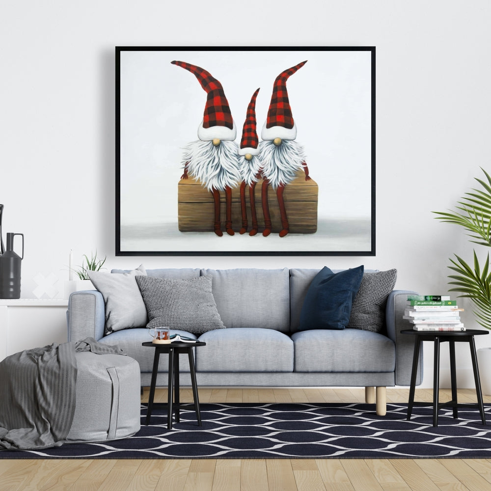 Rustic Pattern Holidays Framed Canvas - Three Christmas Gnomes