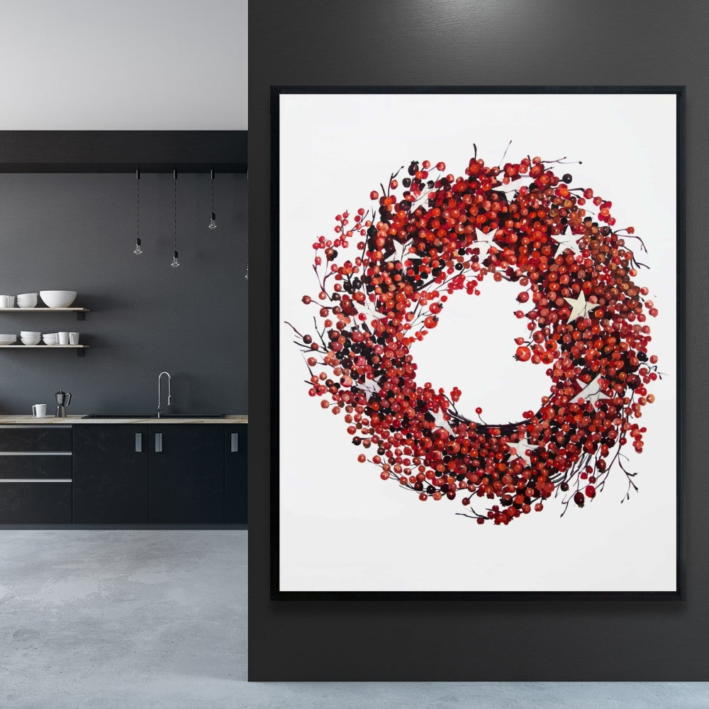 Red Berry Wreath Canvas | Botanical Livingroom Decor | Red Frame