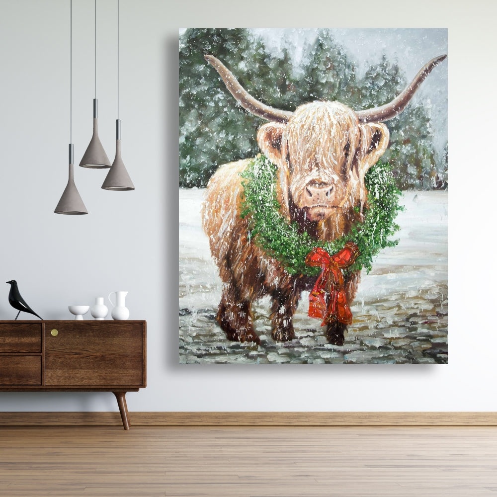 Highland Christmas Cow Canvas | White Farm Animals Decor