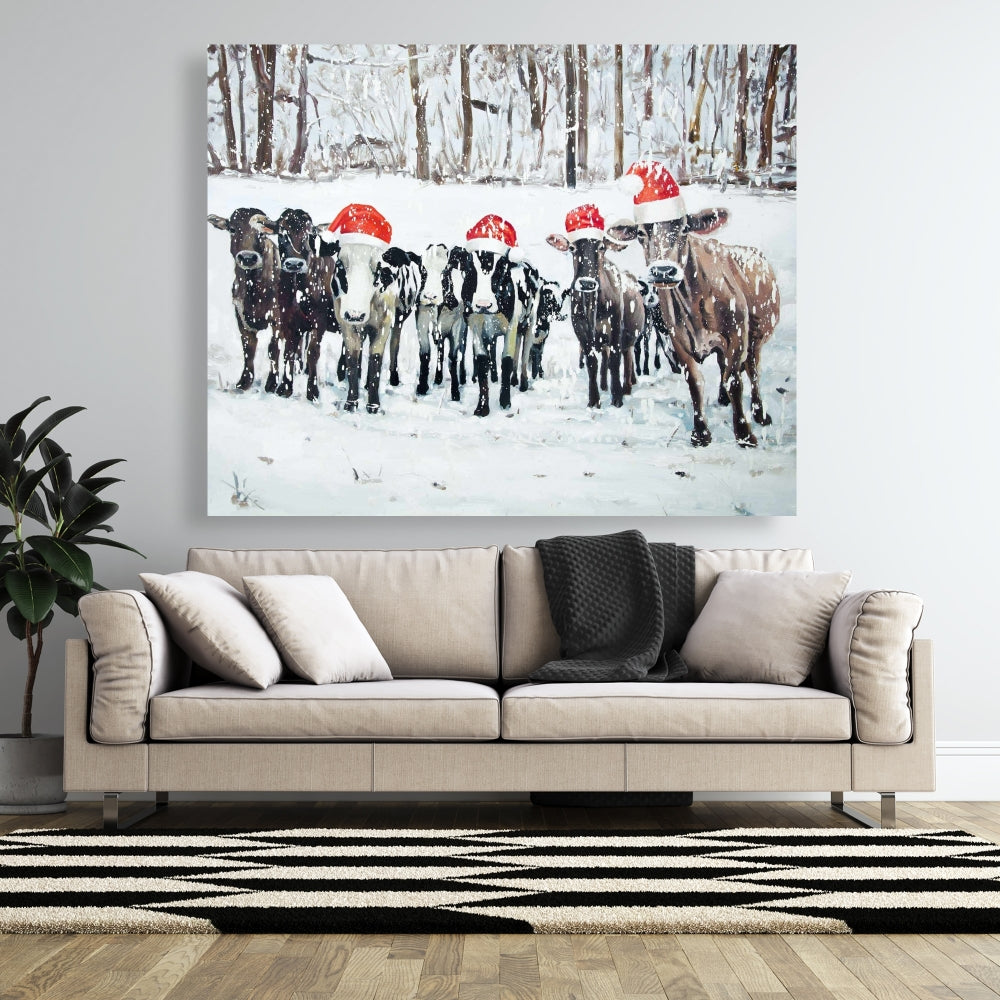 Curious Christmas Cows Canvas | Rustic Farm Animal Decor
