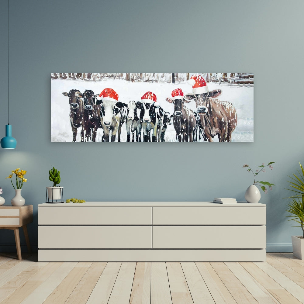 Curious Christmas Cows Canvas | Rustic Farm Animal Decor