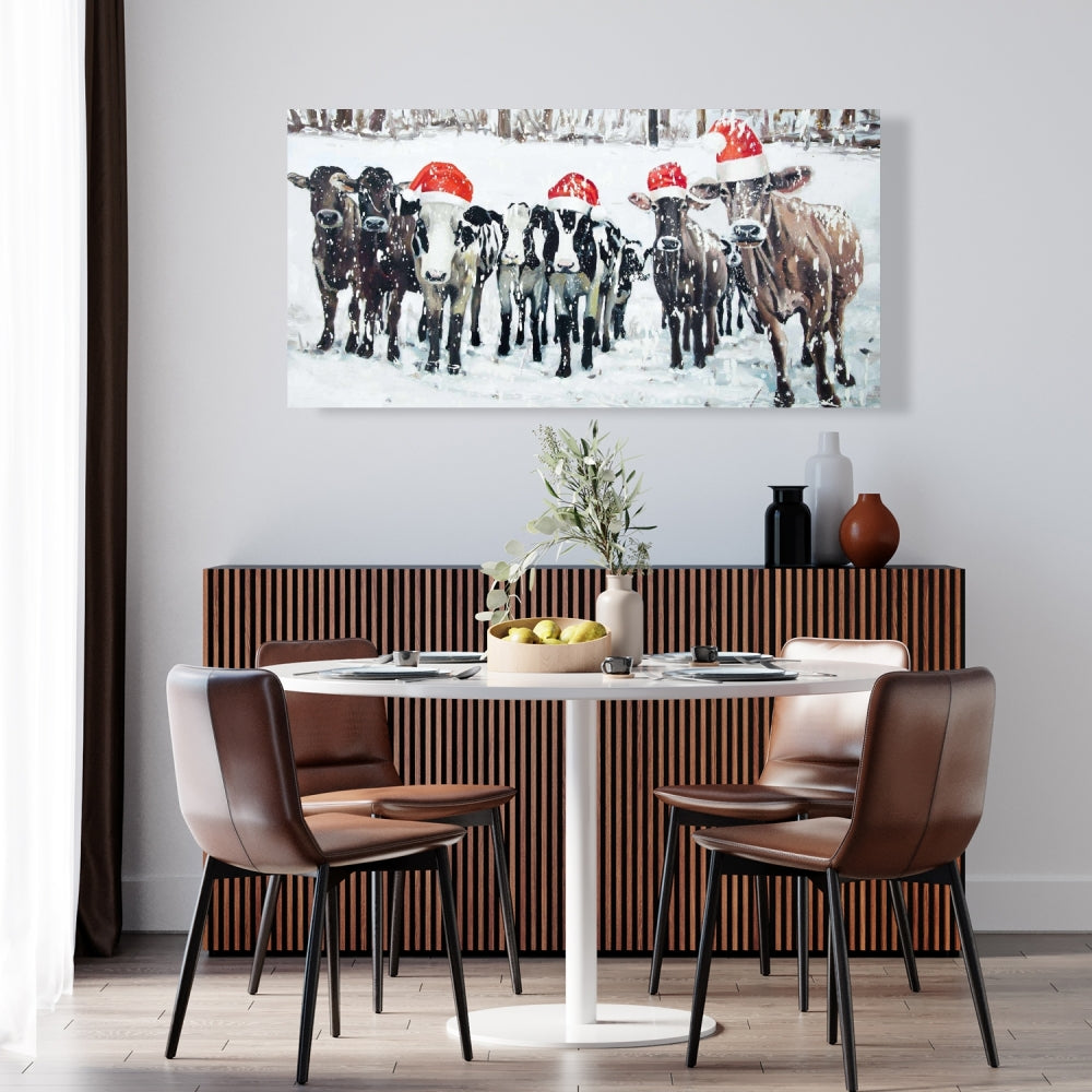Curious Christmas Cows Canvas | Rustic Farm Animal Decor