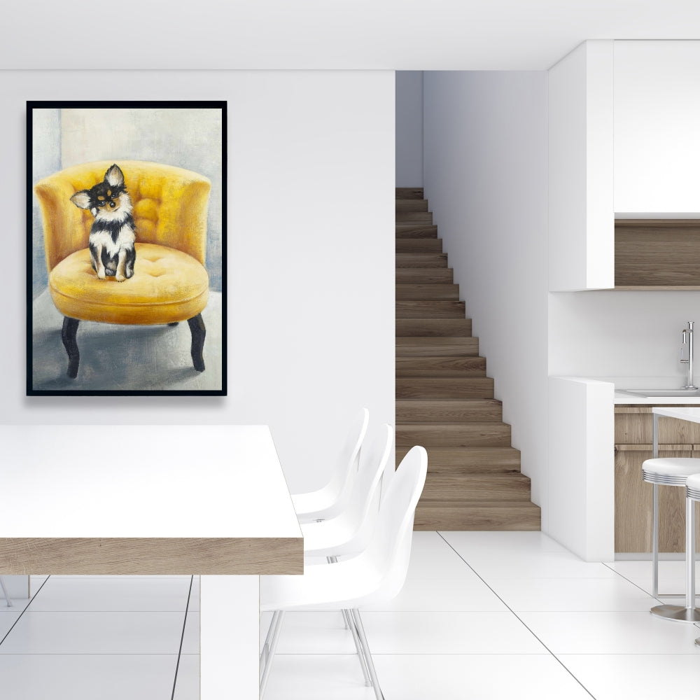 Contemporary Gray Canvas - Long-haired Chihuahua on Yellow Chair