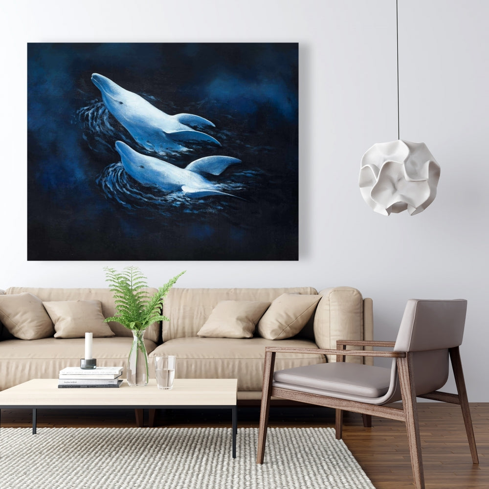 Blue Dolphins Canvas | Two Swimming Dolphins Home Decor