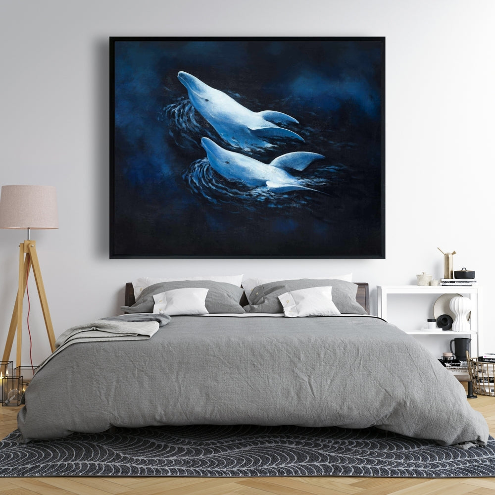 Two Swimming Dolphins Canvas - Blue Aquatic Home Decor Art