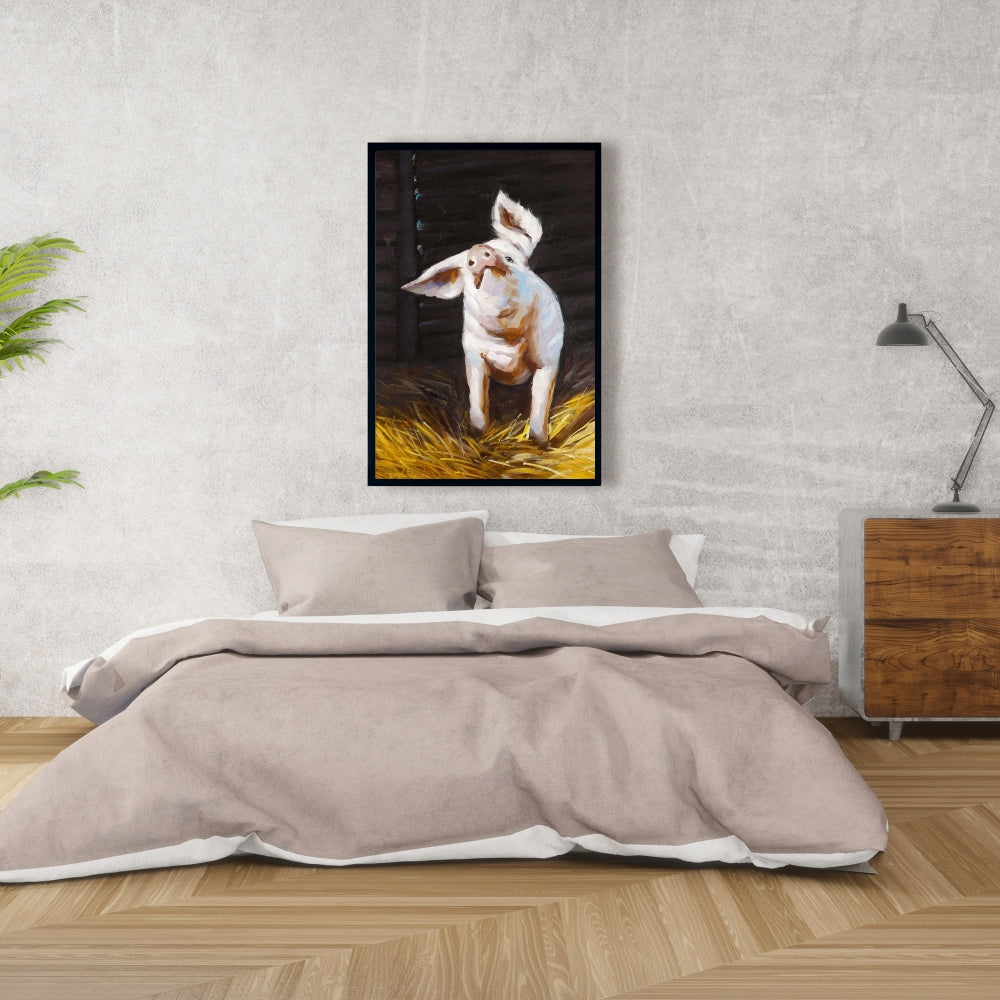 Happy Pig Farm Animal Canvas | Brown Framed Home Decor
