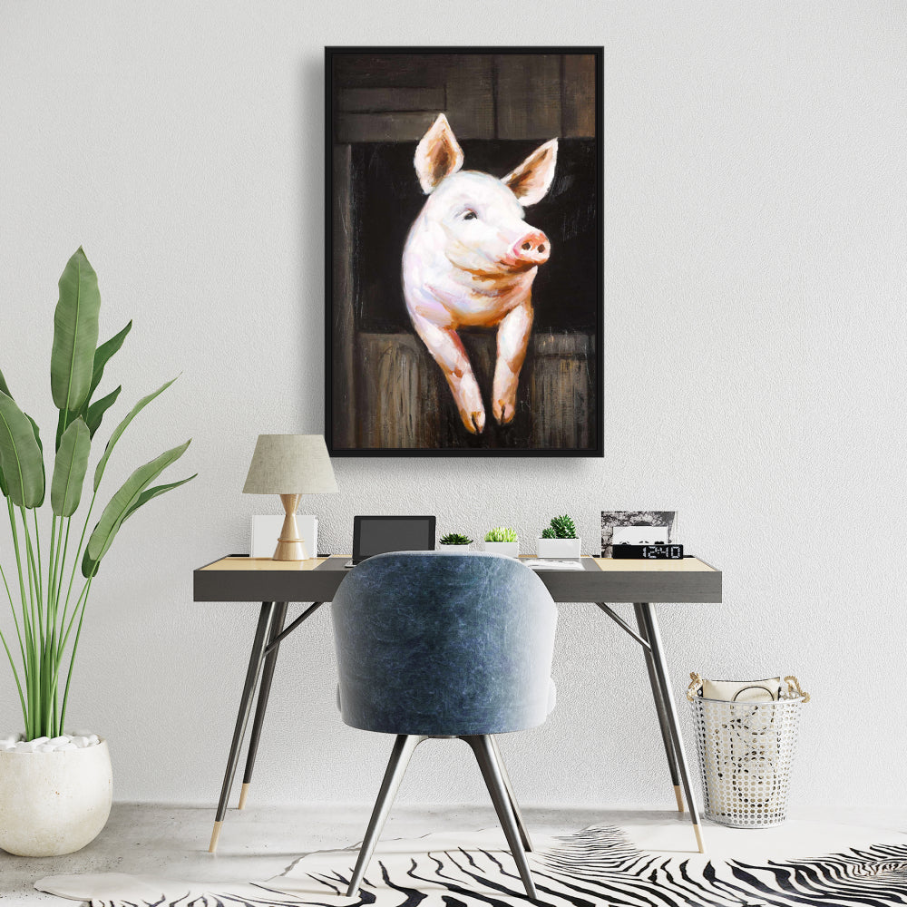 Smiling Pig Brown Framed Canvas | Farm Animal Home Decor