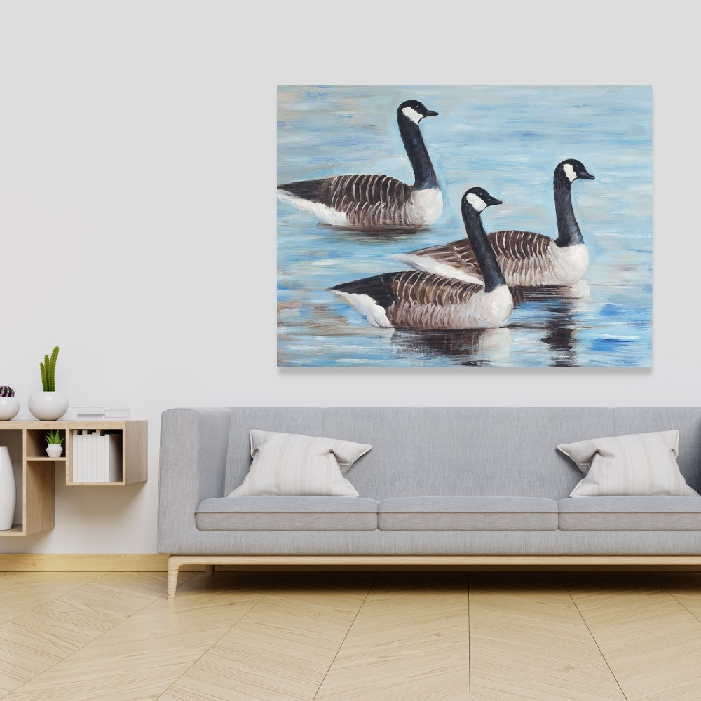 Canada Geese in Water - Blue Canvas Art for Home Decor