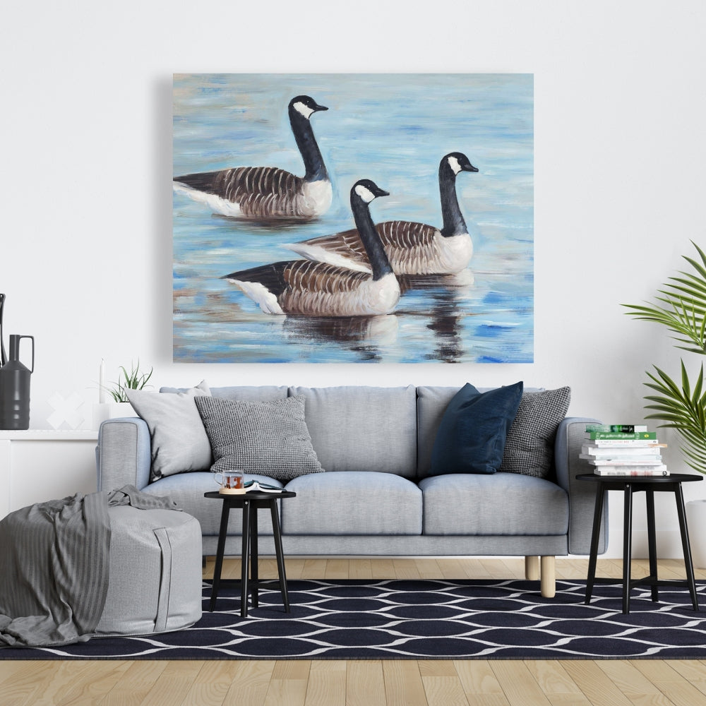 Canada Geese in Water - Blue Canvas Art for Home Decor