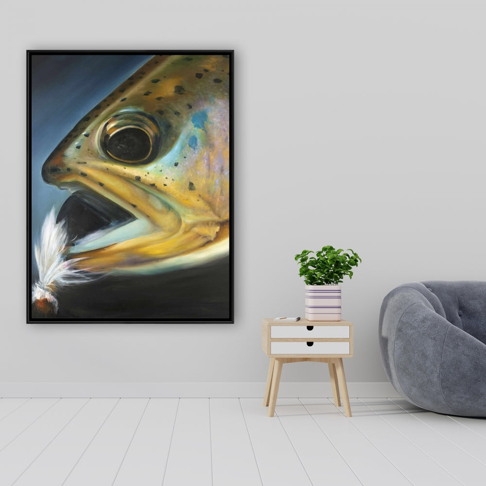 Toile encadrée « Pêche à la mouche à la truite dorée » | Décoration rustique