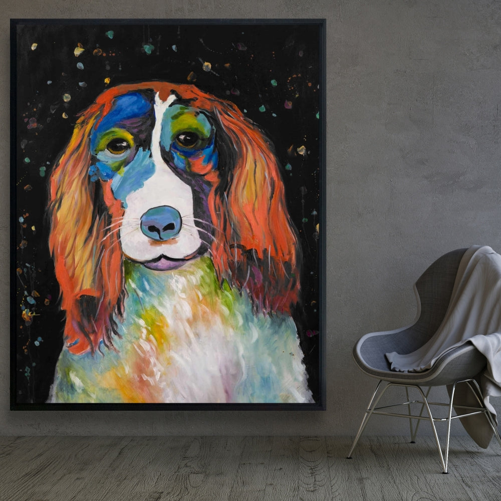 Colorful Dog Canvas - Blue Framed Art for Home Decor