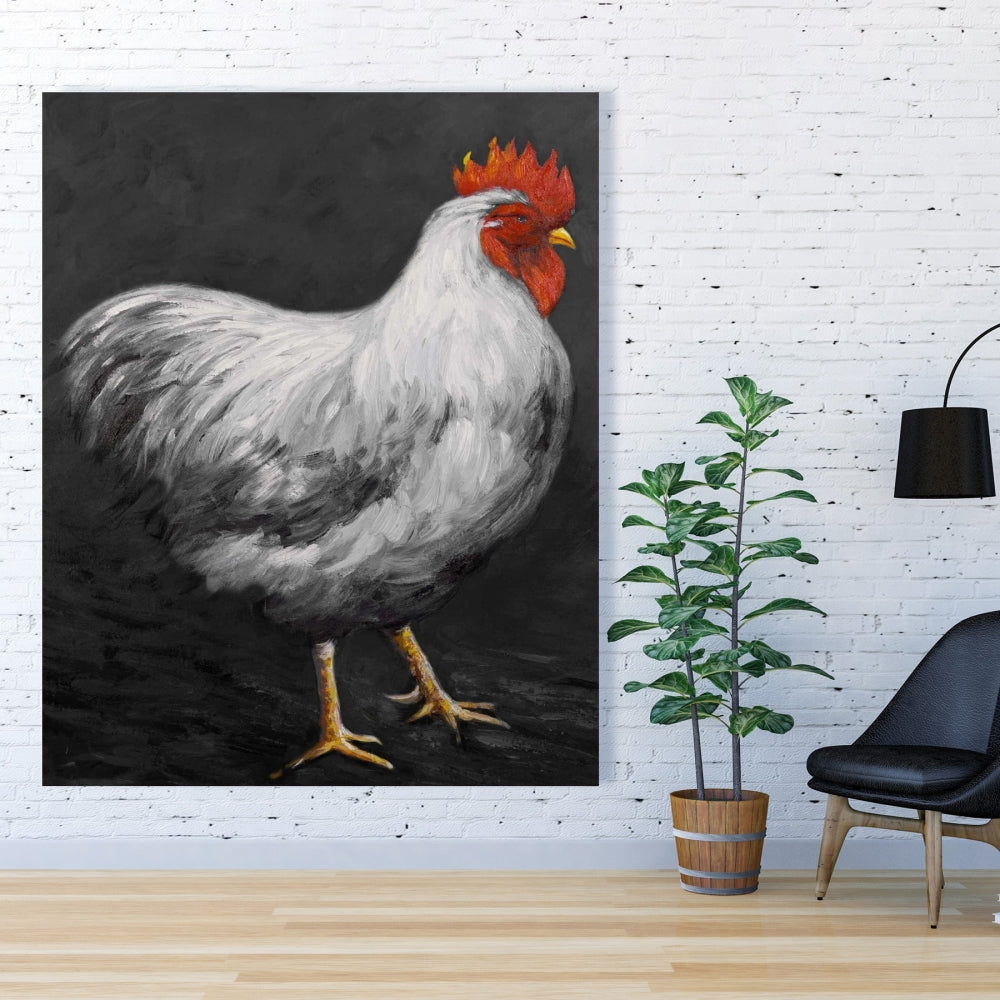 Toile Coq gris - Décoration murale animaux de la ferme blancs