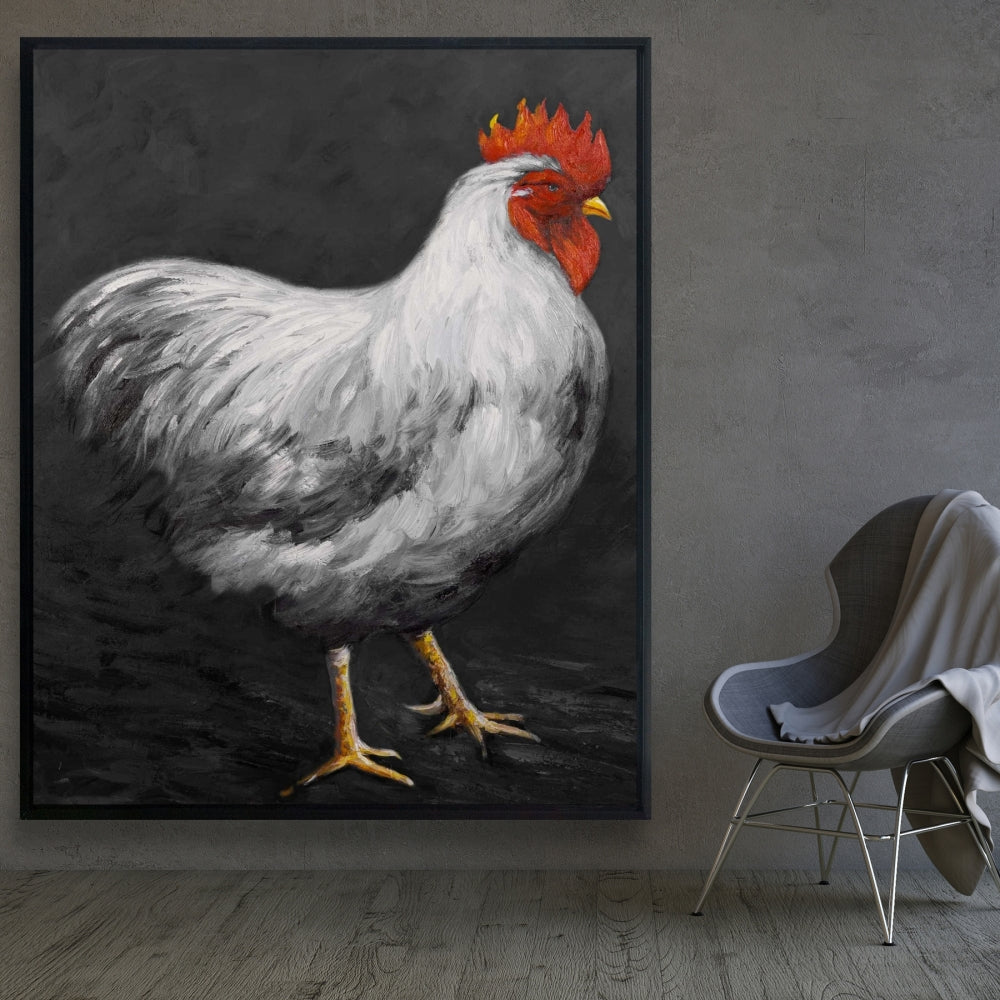 Coq gris 2 | Toile encadrée blanche représentant des animaux de la ferme