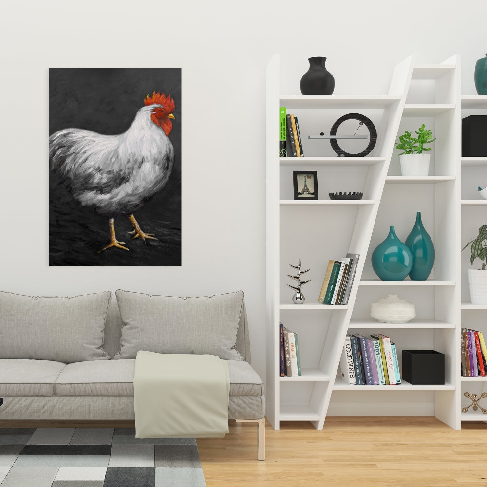 Toile Coq gris - Décoration murale animaux de la ferme blancs