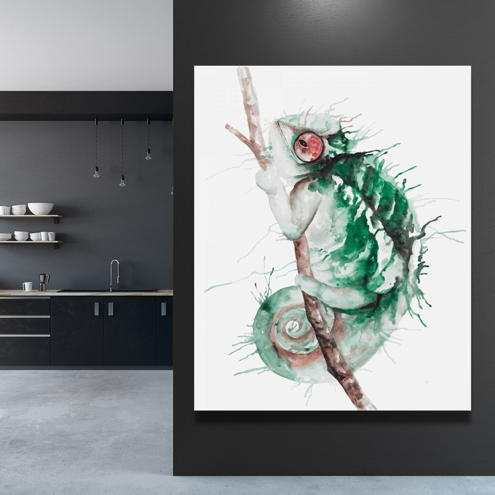 Watercolor Chameleon Canvas - Green Living Room Wall Art